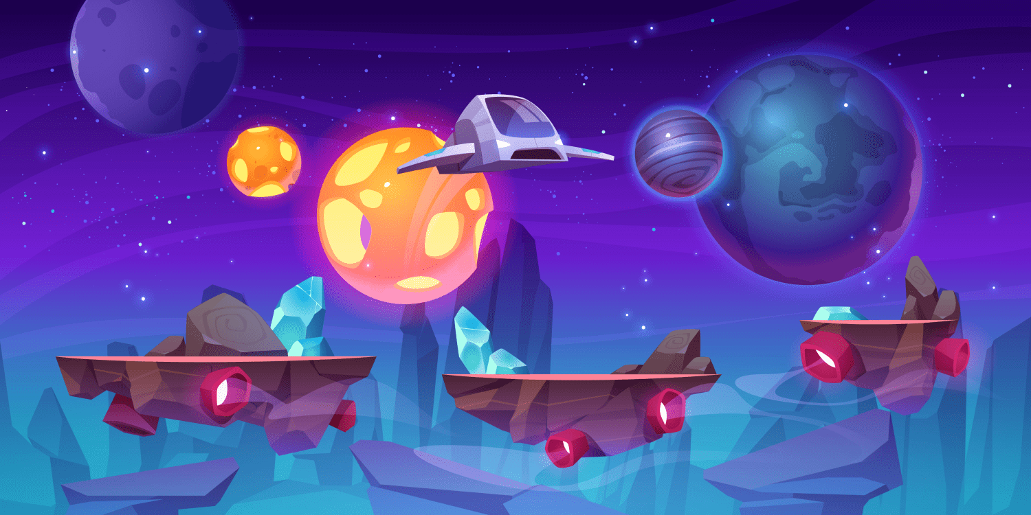 Three floating rock platforms with several planets and a floating spaceship